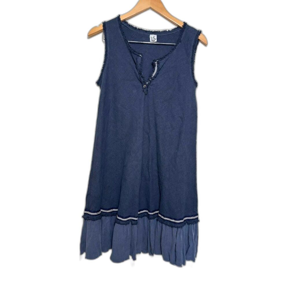 LS Star Dress Women's Size Small Navy Blue Lagenlook Tunic Ramie Boho Artsy Eco